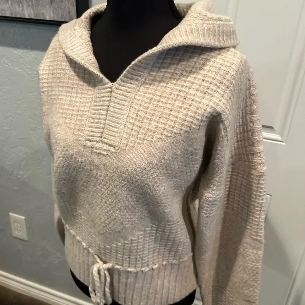 Flag & Anthem Womens S Cream Waffle Knit Sweater Hoodie Pullover Soft Cozy EUC
